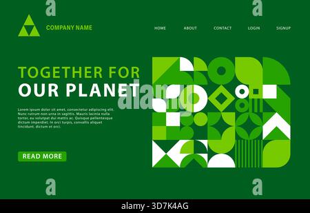 Grüne Landing-Page eines ökologisch tätigen Unternehmens mit geometrischem Muster, Vektorvorlage. Landing Page Menü Layout für Umweltschutz und Planetenökologie oder grüne Naturschutzprojekte Stock Vektor