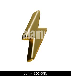 Goldenes Blitzsymbol im 3D-Stil. Ein glänzendes Donner-Symbol mit glattem Verlauf und metallischem Energieeffekt. Dieses Blitzsymbol sieht realistisch aus Stock Vektor