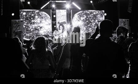 Schwarzweißfoto eines Live-Konzerts mit silhouettierter Menge, hellen Bühnenlichtern, LED-Bildschirmen und einem Darsteller, der eine dramatische Atmosphäre schafft. Stockfoto