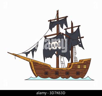 Cartoon grooviges Piratensegelschiff. Das alte Retro-Korsair-Schiff mit zerrissenen schwarzen Segeln, Fahnen, Schädel und Kreuzknochen erinnert an die y2k-Atmosphäre der Seefahrt und das Geheimnis der Seefahrt Stock Vektor
