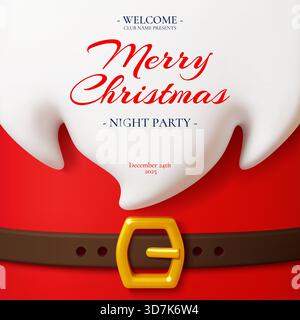 Einladungsflyer für die Weihnachtsfeier mit 3D Santa Claus Kostüm, flauschigem weißem Bart, goldener Gürtelschnalle und festlichem Text. Vektor-Banner mit rotem Noel-Anzug, Vorlage für Grußnachrichten oder Feier Stock Vektor