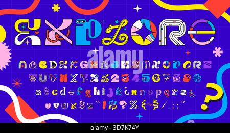 Trippige y2k-Schriftart, moderne geometrische brutale Schriftzeichen. Cartoon-grooviges farbenfrohes psychedelisches Alphabet. Vector Full abc Set aus Groß- und Kleinbuchstaben, Zahlen und Satzzeichen Stock Vektor