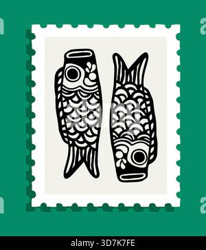 Stilisierte schwarze Karpfenfisch-Illustration auf einer Briefmarke mit grünem Hintergrund Stock Vektor