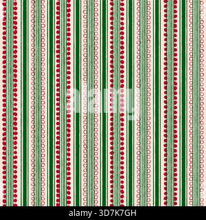 Nahtloses Muster mit vertikalen Streifen und gepunkteten Linien in den Weihnachtsfarben Rot und Grün Stock Vektor