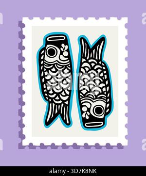 Schwarze japanische Art Koinobori Fisch Illustration auf einer Briefmarke mit violettem Hintergrund Stock Vektor