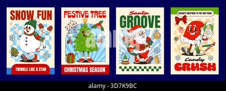 Weihnachten Winter groovige Hippie-Charaktere Vintage-Weihnachtsposter. Vektor Retro-Weihnachtscartoon Schneemänner, Weihnachtsbaum und Weihnachtsmütze y2k Maskottchen, umgeben von saisonalen Geschenken, Schneeflocken und Lichtern Stock Vektor