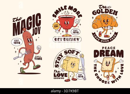 Lustige Frühstück groovige Charaktere Aufkleber und T-Shirt-Prints, Comic Vektor. Frühstückswurst mit Croissant und Kaffee groovy Charaktere, funky Toast Brot und Butter mit einem glücklichen Lächeln im Gesicht Stock Vektor