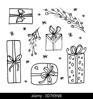 Vektor-Set mit Kritzelstil-Geschenken. Handgezeichnete Geschenkboxen mit Schleifen. Konturierte Abbildungen. Weihnachtsdekoration für Weihnachtskarten, Geburtstagsfeier Stock Vektor
