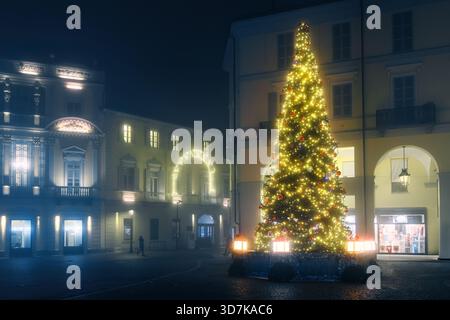 Ein hell erleuchteter Weihnachtsbaum steht auf dem Stadtplatz von Asti, Italien, umgeben von dunklen, beleuchteten Gebäuden in einer nebeligen Winternacht. Stockfoto