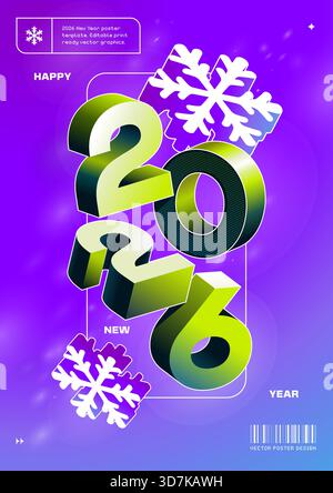 Moderne Posterschablone mit 3D-Nummern 2026 und isometrischen Schneeflocken. Trendige Neonfarben. Hintergrund mit weichem Verlauf. Minimalistisches typografisches Design. Editierbare Vektor-EPS10-Grafiken. Stock Vektor
