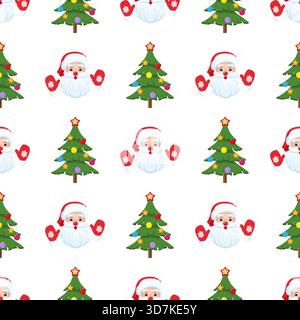Süßes nahtloses Weihnachtsmuster mit Weihnachtsmann-Gesichtern und verzierten Weihnachtsbäumen. Festlicher Feiertagshintergrund für Geschenkpapier. Editierbarer Vektor i Stock Vektor