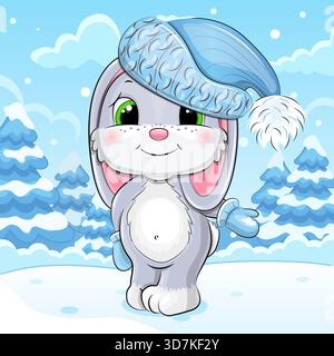 Niedliches Zeichentrick-graues Kaninchen mit Hut im Winter. Vektor-Illustration des Tieres in der Natur auf einem blauen Hintergrund mit Schnee. Stock Vektor