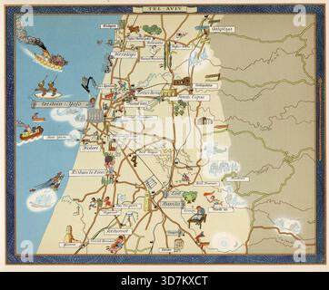 Das Bild ist eine Bildkarte von Tel Aviv aus dem atlas „Israel in Pictorial Maps“, erstellt von Friedel Stern und dem Department of Surveys, Ministerium für Arbeit, veröffentlicht 1957. Die Karte ist Teil einer Sammlung von 16 Karten in einem nationalen atlas. Die Publikation stammt von Lion the Printer und enthält Karten mit kurzen erläuternden Texten, Fotografien und Kommentaren in Hebräisch, Englisch und Französisch. Stockfoto