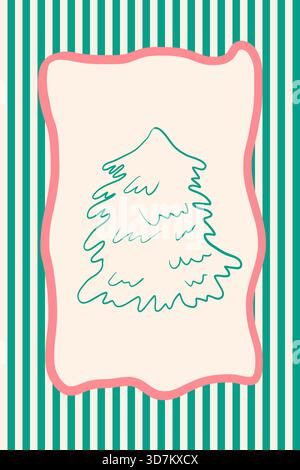 Handgezeichnete frohe Weihnachtskarten im trendigen Coquette-Stil. Skurriles Winterposter. Weihnachtsbaum im Rahmen. Abbildung der Vektorskizze. Stock Vektor
