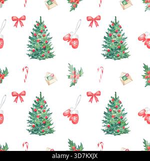 Nahtloses Aquarellmuster mit Weihnachtsbaum Stockfoto