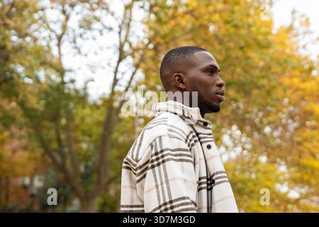 Ein Mann steht still in einem Park, trägt einen stilvollen karierten Mantel, während die Blätter des Herbstes in Gold- und Orangentönen um ihn herum leuchten. Sonnenlicht filtert durch Stockfoto