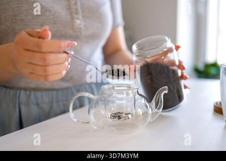Nahaufnahme von Frauenhänden, die Teeblätter in die Teekanne gießen Stockfoto