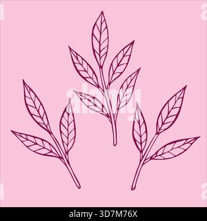 Zarte Zweige im Doodle-Stil mit wunderschönen rosa Pfingstrosenblättern, anmutig präsentiert auf einem weichen hellrosa Hintergrund. Stock Vektor