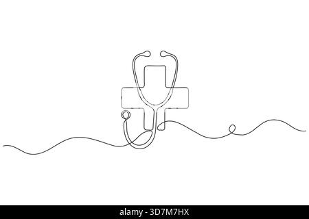 Medizinisches Kreuz mit Herzfrequenz-Single-Continuous-Line-Art Stock Vektor