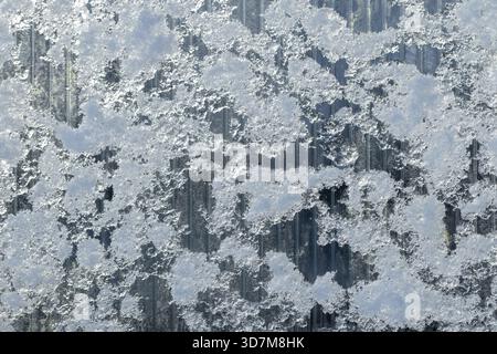 Gewächshauswand aus transparentem Polycarbonat ist mit Frost und Schnee bedeckt, abstrakte Winterhintergrund-Fototextur Stockfoto