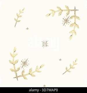 Nahtloses symmetrisches Muster auf weißem Hintergrund. Die Elemente sind handgezeichnet mit Goldfolie. Geeignet zum Bedrucken auf Stoff und Papier. Stockfoto