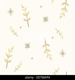Ein einfaches botanisches nahtloses Muster auf weißem Hintergrund. Pflanzenzweige und andere Elemente werden mit Goldfolie handgezeichnet. Stockfoto