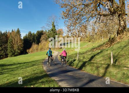 Nettes aktives Seniorenpaar, das am warmen Herbsttag Baden-Wuerttem in unmittelbarer Nähe der Stadt Isny im schwäbischen Allgäu mit dem E-Mountainbike fährt Stockfoto
