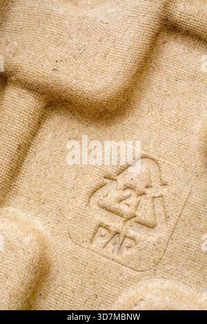 Mobius Recyclingschleife mit PAP 21-Kartonkennung. Für Recyclingkonzept. PAP 21 wird für Pappprodukte verwendet, PAP 20 für Kartonagen Stockfoto