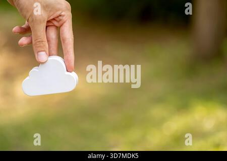 Hand hält ein weißes Cloud-Symbol im Freien auf unscharfem grünem Hintergrund, Kopierraum, Cloud-Computing Online-Datensicherung, Synchronisierung und gemeinsame Nutzung von Daten Stockfoto