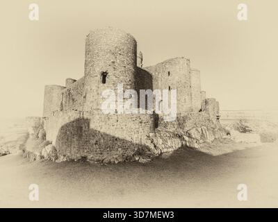 Das Bild zeigt die verlassene mittelalterliche Festung Harlech Castle [Castell Harlech] in der Stadt Harlech in Nordwales Cymru an der irischen Küste. Stockfoto