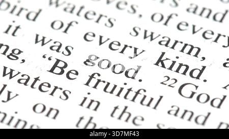 Bibeltext Makro mit den Worten „sei fruchtbar … Gut“ im Fokus, Schriftvers aus der Genesis auf gedruckter Seite, Religion glaube Konzept Hintergrund, Stockfoto