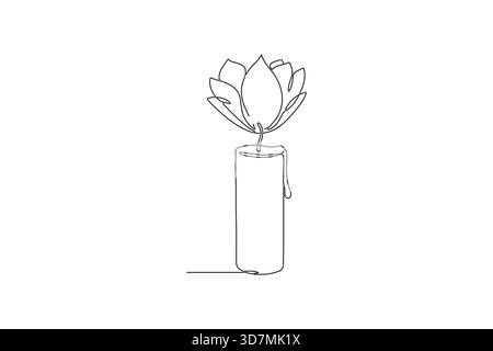 Elegante, minimalistische Linienkunst einer Kerze mit Lotusblüten-Flamme Stock Vektor