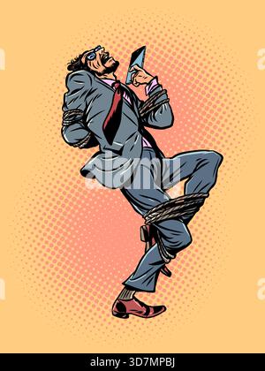 Smartphone-sucht und -Kontrolle. Kontrolle der Menschheit durch Technologie. Mann mit Seilen am Telefon gebunden. Pop Art Retro Vektor Illustration Kitsch Vintage 50 Stock Vektor