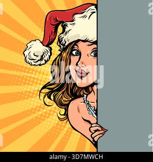 Pop Art Retro Ein Mädchen, verkleidet als Weihnachtsmann. Neujahrsrabatte und Geschenke. Eine Überraschung für die Winterferien. Stock Vektor