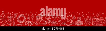 Horizontale nahtlose Weihnachtsgrenze mit Bäumen Geschenke Ornamente Kränze und Sterne perfekt für Weihnachtsbanner Karten und festliche Branding. Stock Vektor