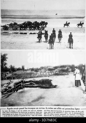 Diese Seite von Le Miroir (10. Oktober 1915) zeigt zwei Fotografien, die die aktive Rolle der Königin Elisabeth von Belgien während des Ersten Weltkriegs illustrieren. Das obere Bild zeigt die belgische Kavallerie und Artillerie am Strand nahe der Yserfront in einer militärischen Rezension. Das untere Bild zeigt die Königin (rechts) in der Nähe der Gräben. Die Schlagzeile zeigt, dass die Königin nach der Überprüfung der Truppen an die Front ging, wo sie fast von deutschen Granaten getroffen wurde, was ihre berühmte Tapferkeit und ihren Einsatz für die Unterstützung ihrer Soldaten und Verwundeten unterstreicht, die oft als Krankenschwester in der Nähe der Yser-Kampfzone fungierten. Stockfoto