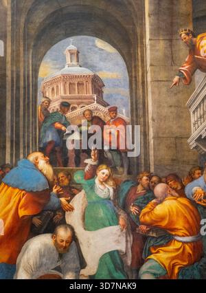Piacenza, Italien - 23. 10. 2025: Fresko (19. Jahrhundert) der Heiligen Katharina von Siena oder der Heiligen Katharina von Sienne. Heiliger der römisch-katholischen Kirche. Stockfoto