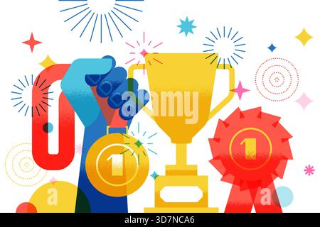 Vektor-Illustration der Goldmedaille in der Hand, Champion Trophäe Cup, Rosette Preis. Preissymbole. Design-Elemente-Belohnung für Meisterschaftssieger, Qualität c Stock Vektor