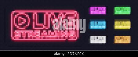 Set aus leuchtenden Neon Live Streaming Schildern in mehreren Farben auf einem transparenten Hintergrund. Perfekt für Werbeläden, Restaurants und moderne Stock Vektor