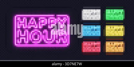 Leuchtende Happy Hour-Schilder in leuchtenden Neon-Farben auf transparentem Hintergrund. Ein lebendiges, modernes Design, das sich perfekt für Werbeanzeigen und motivierende Grafiken eignet Stock Vektor