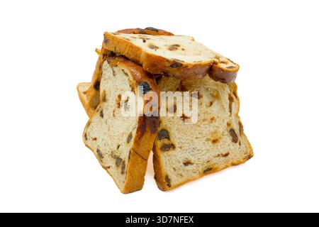 Sechs Scheiben Fruchtbrot nach dem Konzept hausgemachter Backwaren direkt aus dem Ofen. Stockfoto