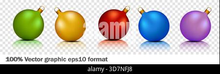 Ein lebendiges Set aus 3D-Weihnachtsschmuck in Farben wie Grün, Gold, Rot, Blau und Lila. Diese dekorativen Spielzeuge sind perfekt, um sie anzufeuern Stock Vektor