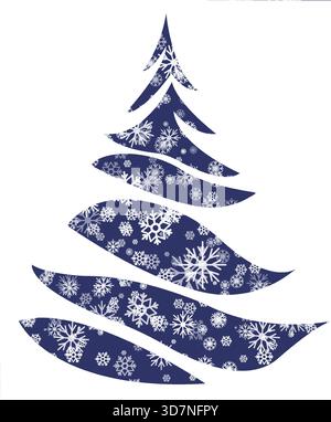 Die Illustration zeigt einen stilisierten Weihnachtsbaum mit fließenden Formen und filigranen Schneeflocken in Blautönen Stock Vektor