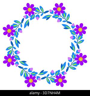 Runder Blumenrahmen. Kranz der Sommerblumen. Helles rundes Mandala-Ornament mit Blumenmuster. Designelement von lila blauen Blumen auf weißem Hintergrund Stock Vektor
