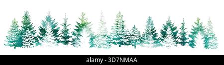 Tannenbäume, Aquarellsilhouette. Weihnachtswald im Winter. Wunderschönes handgezeichnetes Panorama des Nadelwaldes. Nicht AI, Vektordarstellung. Stock Vektor