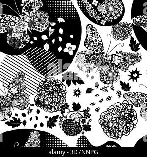 Einfarbiges Blumenmuster mit Schmetterlingen und Blumen. Handgezeichnet. Nicht AI, Vektordarstellung. Stock Vektor