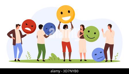 Gruppe von Menschen, die verschiedene emotionale Ausdrücke mit großen Emoji-Gesichtern zeigen, die Feedback, Stimmungsvielfalt und emotionale Kommunikation in einer flachen isolierten Vektorillustration darstellen Stock Vektor