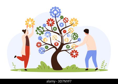 Konzeptueller Baum mit bunten Zahnrädern als Blätter, zwei Personen, die zusammenarbeiten, um Ideen zu sammeln und zu entwickeln, symbolisieren Teamarbeit, Innovation und Wissensaustausch isolierte Vektorillustration Stock Vektor