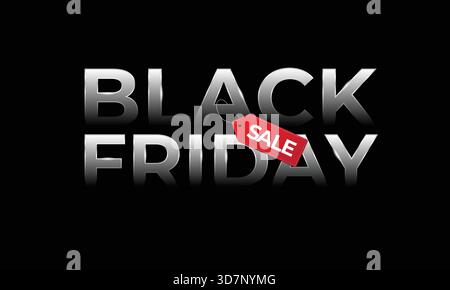 Black Friday in glänzendem Silber mit Verkaufsanhänger. Typografie Minimal-Text-Symbol für Black Friday-Angebot mit Rabattangebot. Designvorlage für Black Friday Stock Vektor