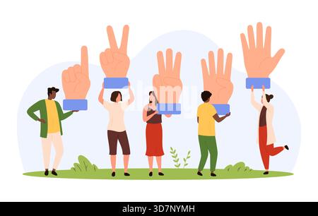 Verschiedene Gruppen kleiner Menschen, die mit übergroßen Händen interagieren und Fingerzählgesten zeigen, Zahlen, Lernen, Teamarbeit und Kommunikation in einer verspielten, flachen, isolierten Vektorillustration darstellen Stock Vektor